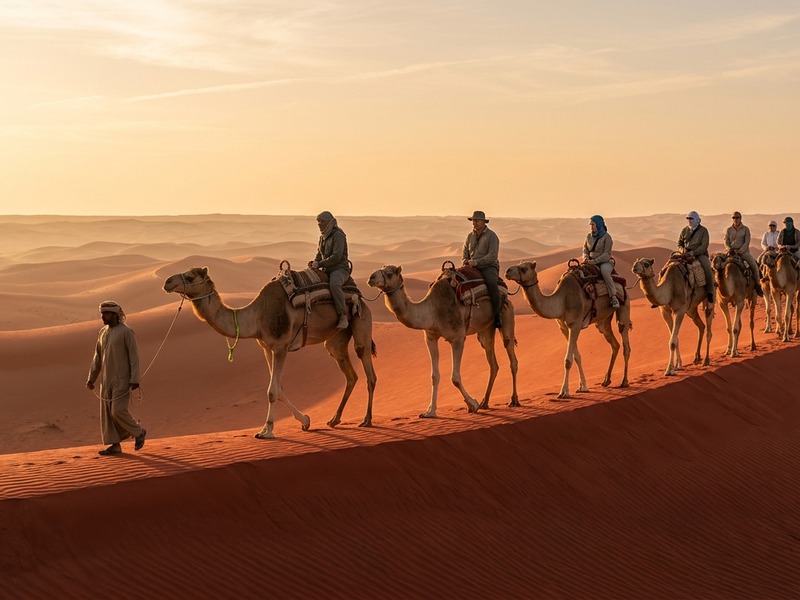 Camel ride across Dubai desert at sunset