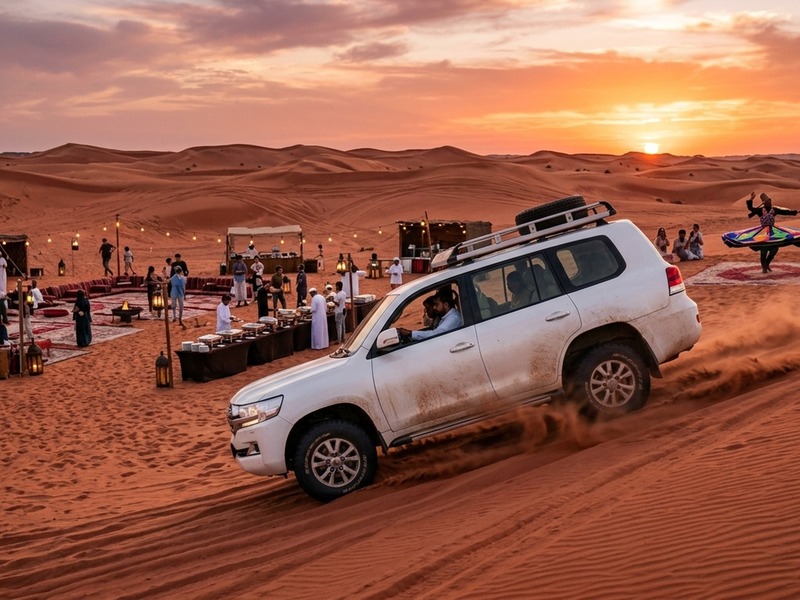 Evening desert safari with Land Cruiser sunset dunes and Bedouin BBQ camp