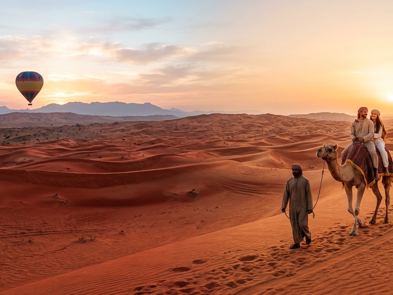 Balloon and sunset camel combo in the Dubai desert