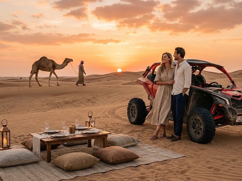 Buggy and camel combo with romantic private desert dinner setup