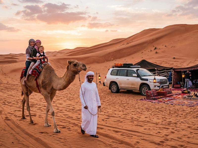 Safari and camel combo with family-friendly desert camp setting in Dubai