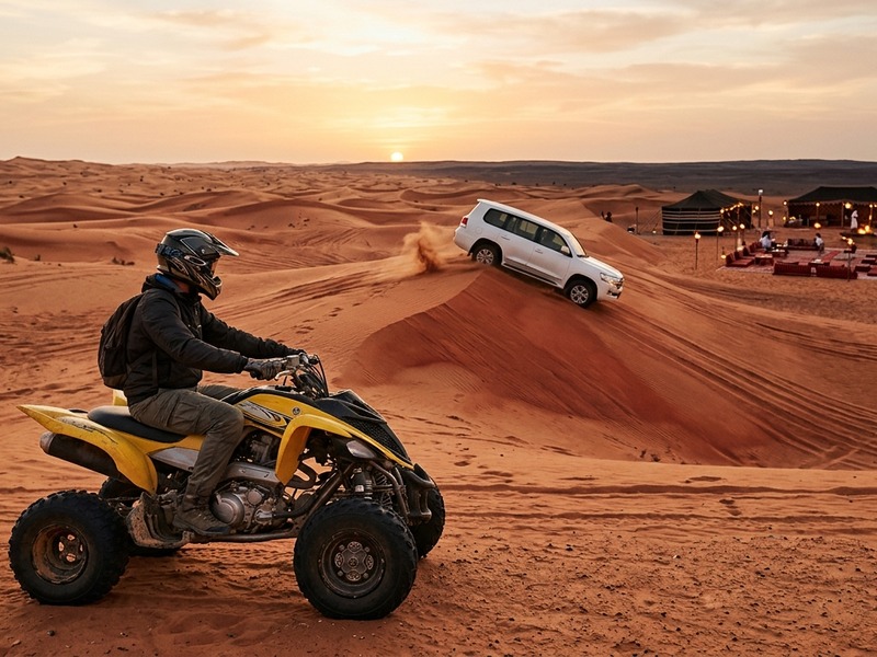 Safari and quad combo in the Dubai red desert at sunset