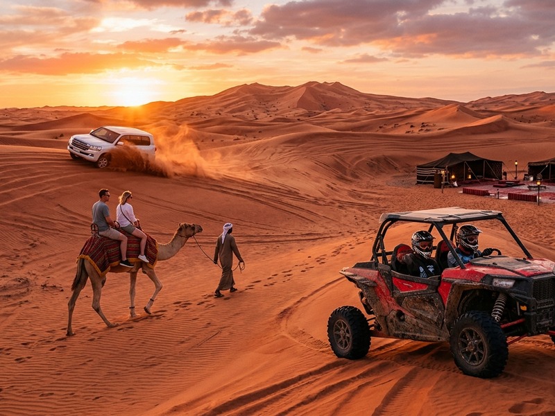 Triple combo with safari, buggy, and camel in one Dubai desert scene