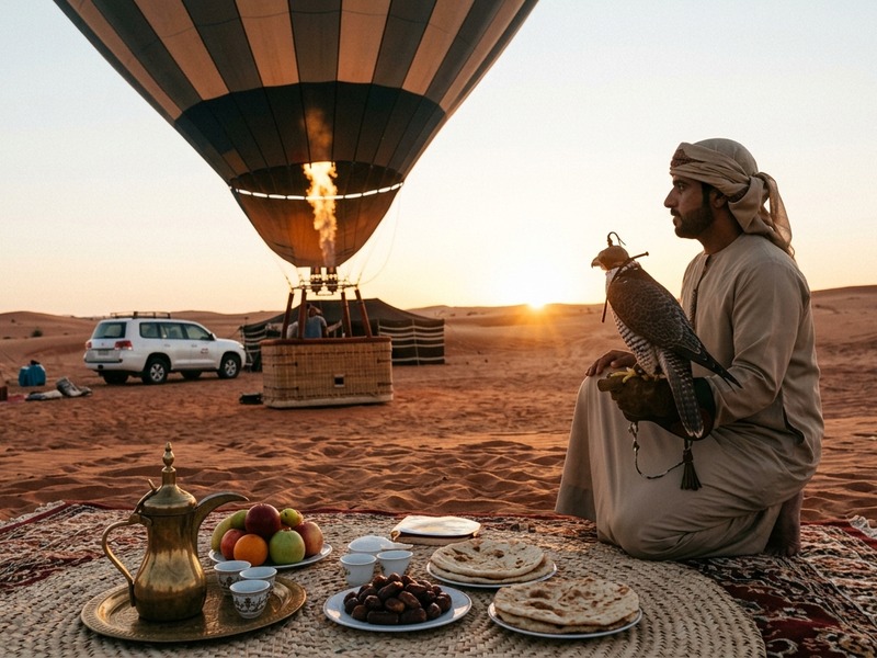 Deluxe hot air balloon breakfast experience in the Dubai desert at sunrise