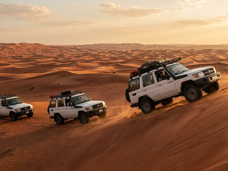 Desert safari sunset with 4x4 on sand dunes