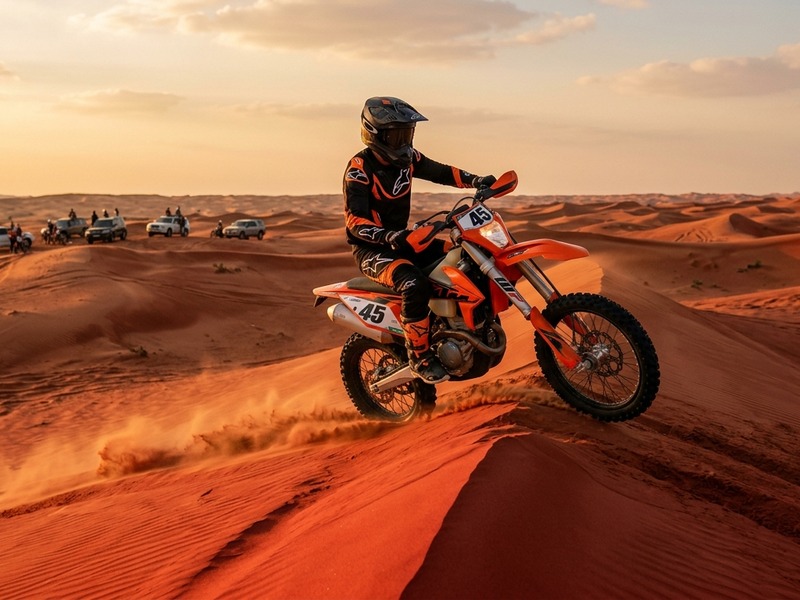 KTM dirt bike rider carving across Dubai red dunes