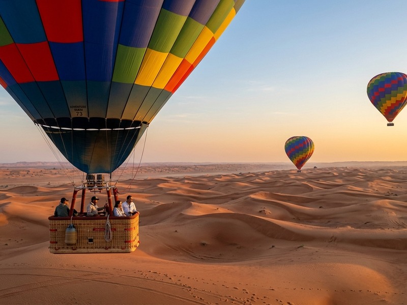 Hot air balloon floating over Dubai desert at sunrise