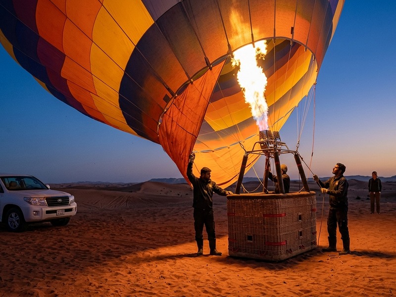 Hot air balloon being inflated on Dubai desert launch site at dawn
