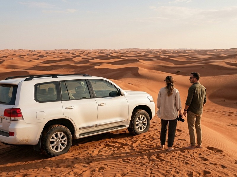 Private morning desert safari Land Cruiser photo stop on Lahbab dunes