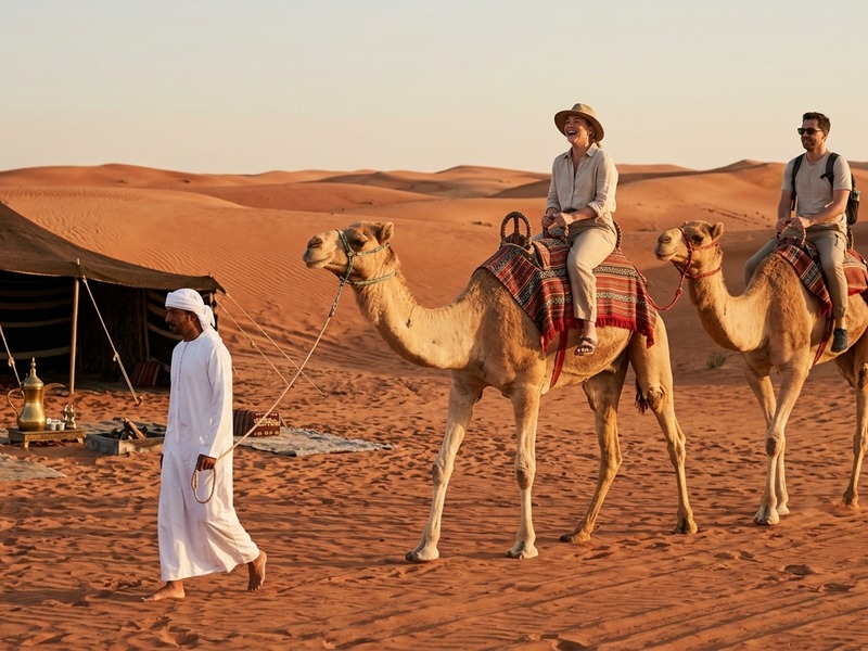 Standard camel ride across Dubai red dunes with Bedouin camp in background