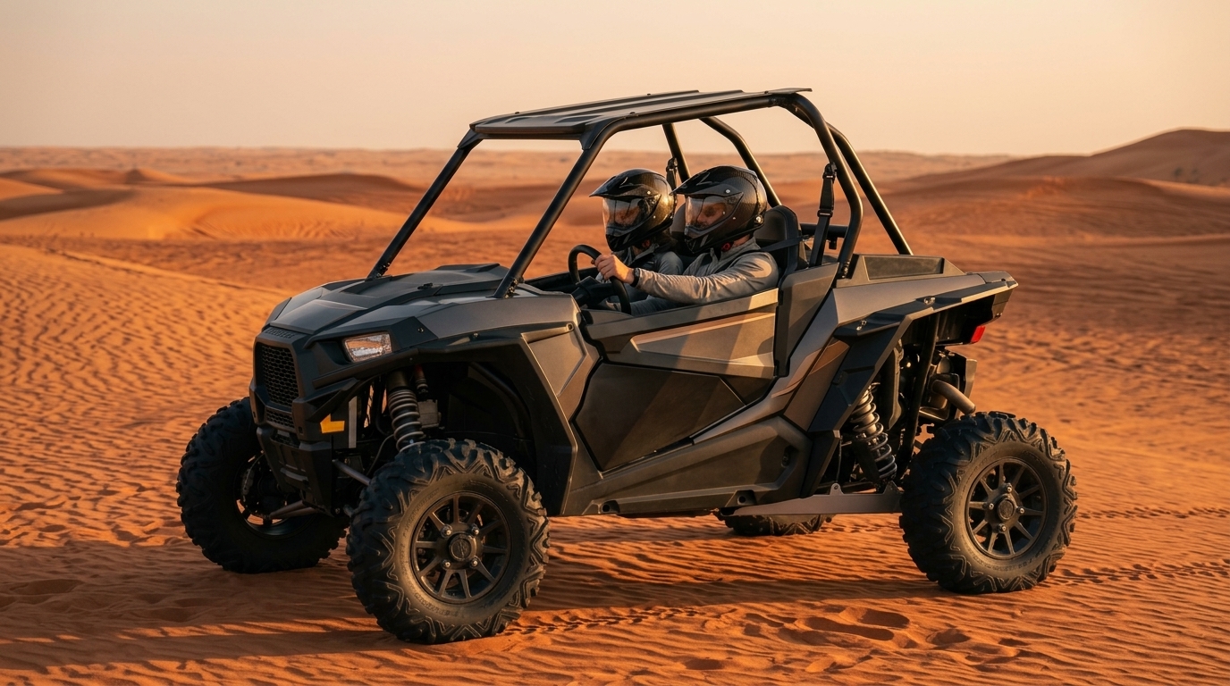 2-seater 1000 CC dune buggy parked on the red sand of Dubai's Lahbab Desert at golden hour