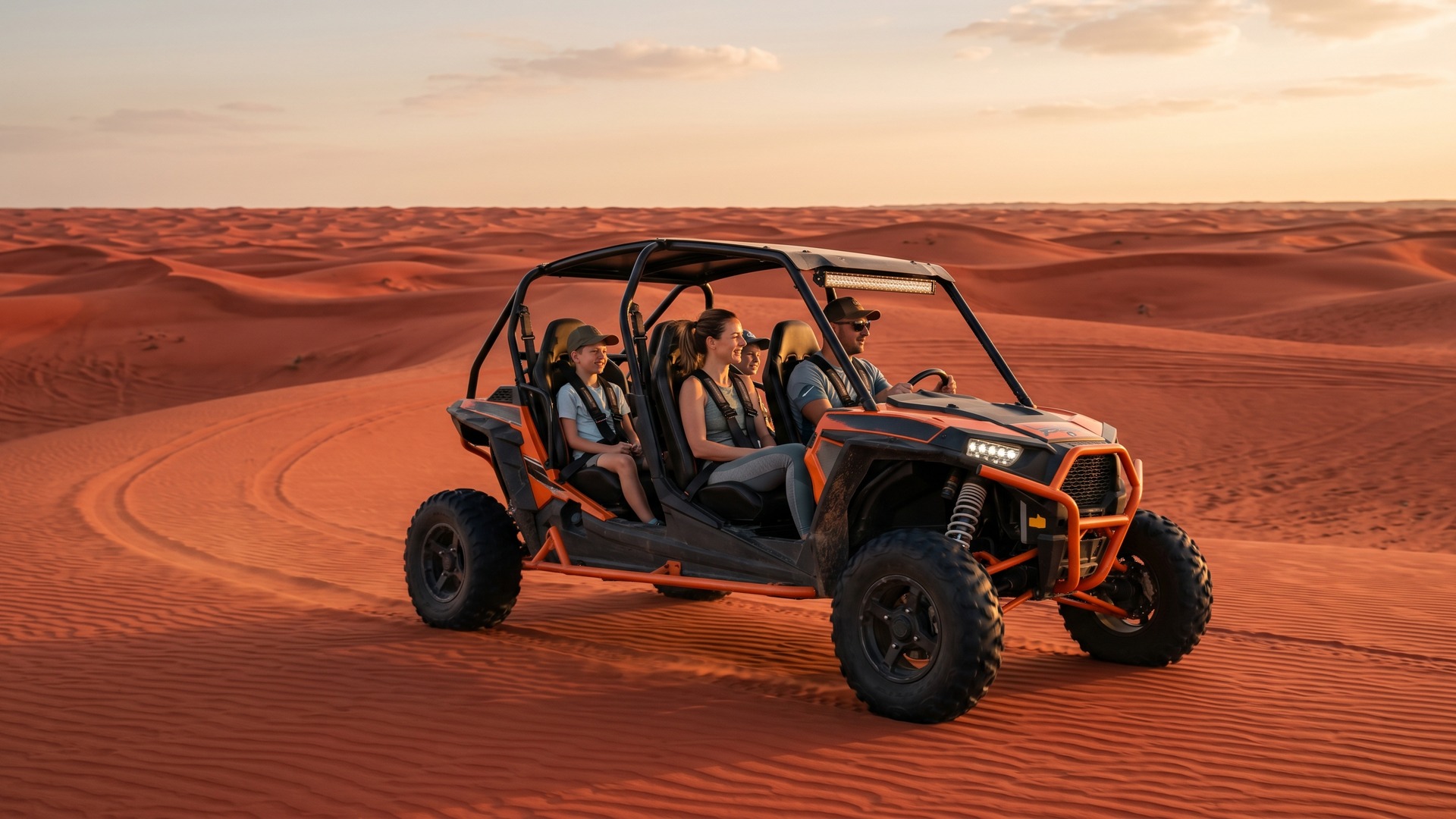 4-seater 1000 CC dune buggy carrying a family across Liwa red dunes