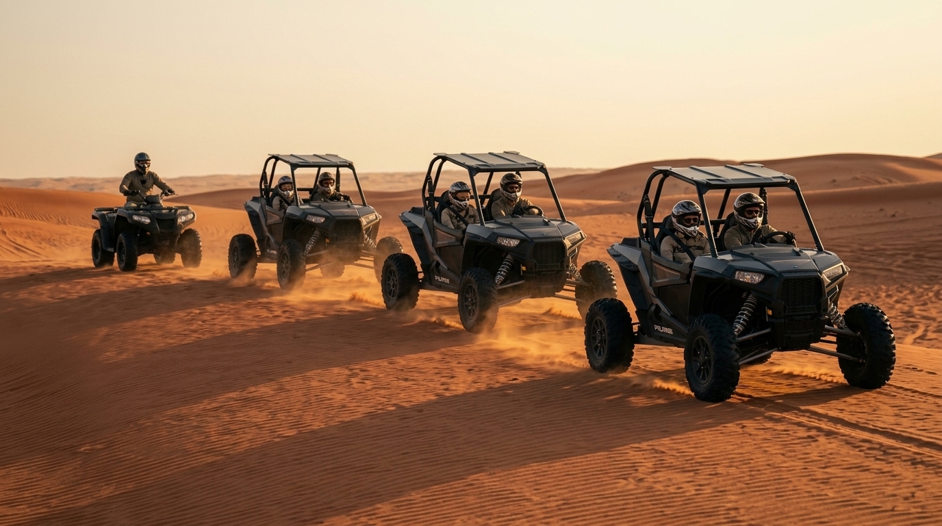 Buggy convoy led by a desert guide on a quad