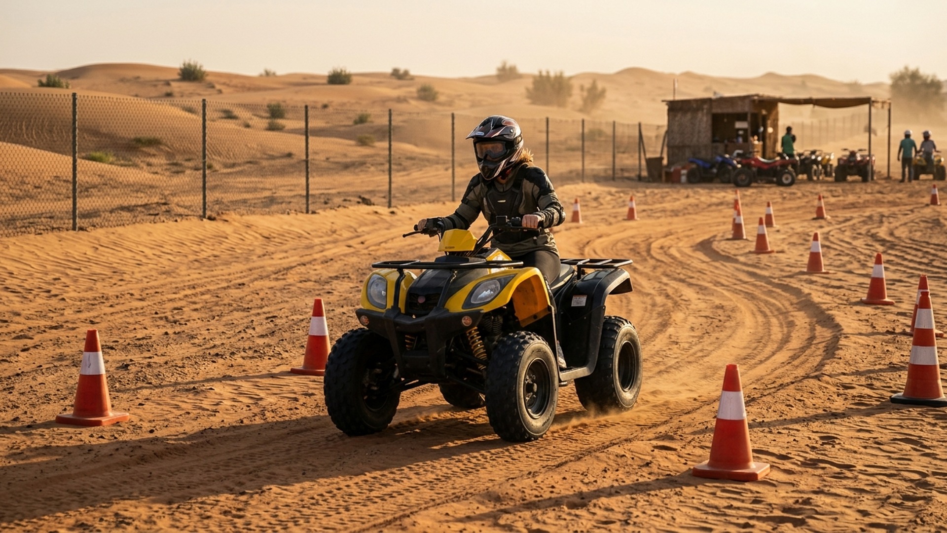 Beginner rider first-person view on COBRA single seater quad in fenced area