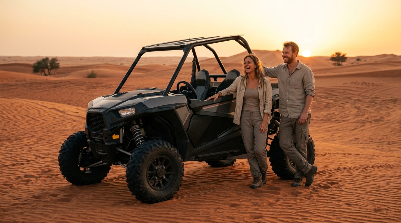 Couple posing with a 2-seater buggy at sunset