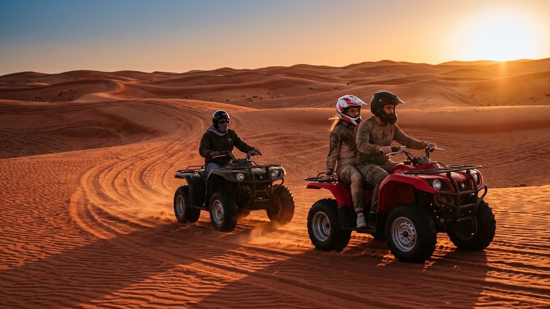 Double quad in guided convoy across open desert