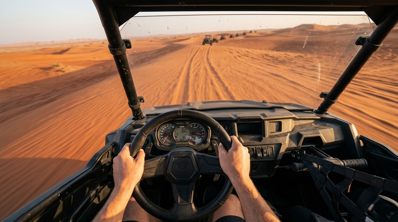 Dune buggy cockpit view with roll cage and harness