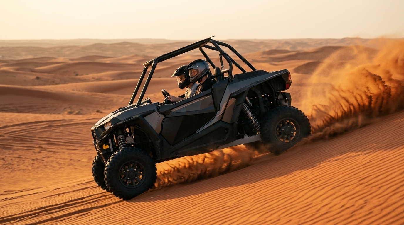 Dune buggy kicking up red sand on a crest