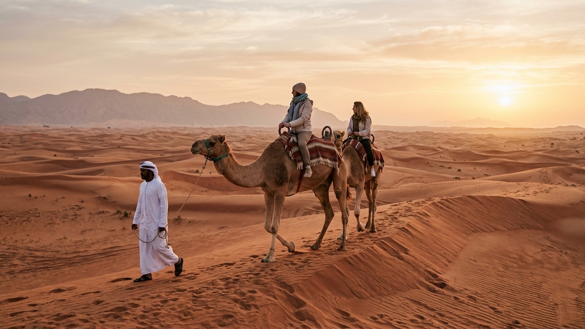 Camel ride at sunrise during morning desert safari Lahbab Dubai