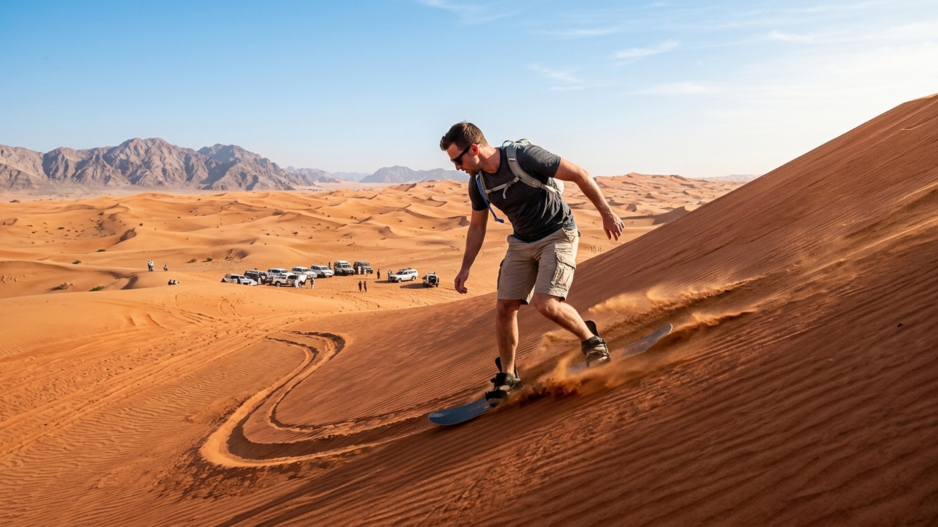 Guest sandboarding down a red dune on morning desert safari Dubai
