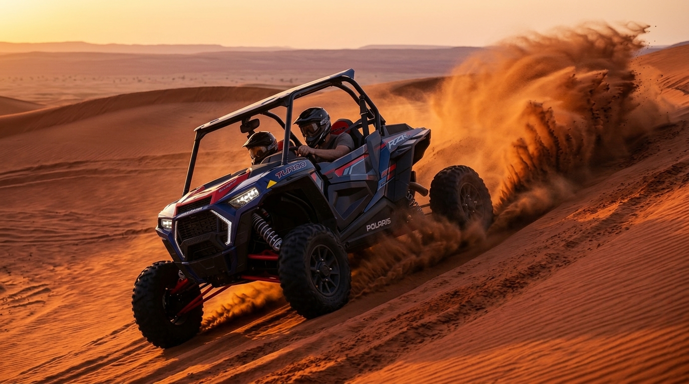 2-seater 1000 CC turbo dune buggy climbing a red dune in Dubai