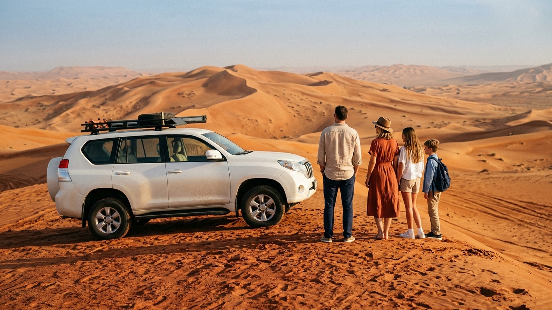 Family group photo on red sand ridge during private morning safari