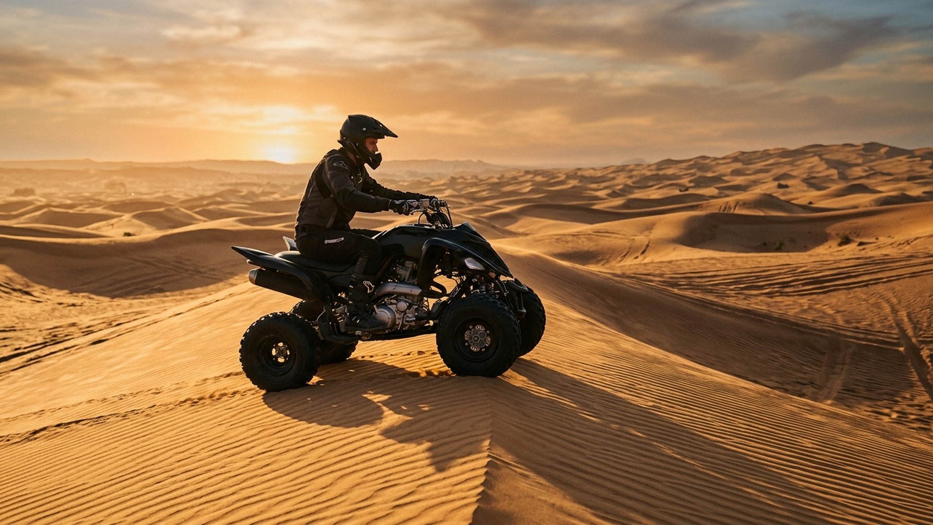 Rider on sports quad at dusk Al Wadi