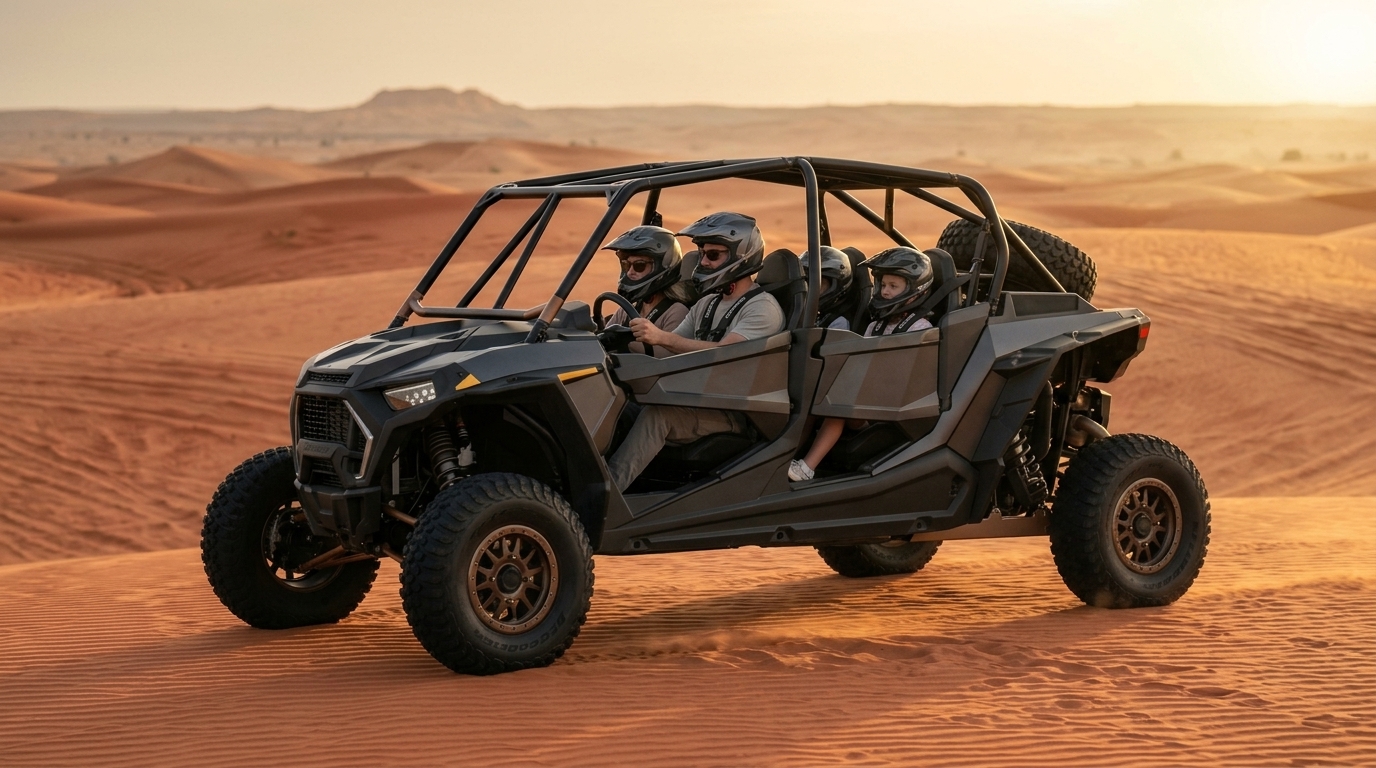 Family riding together in a 4-seater dune buggy at golden hour