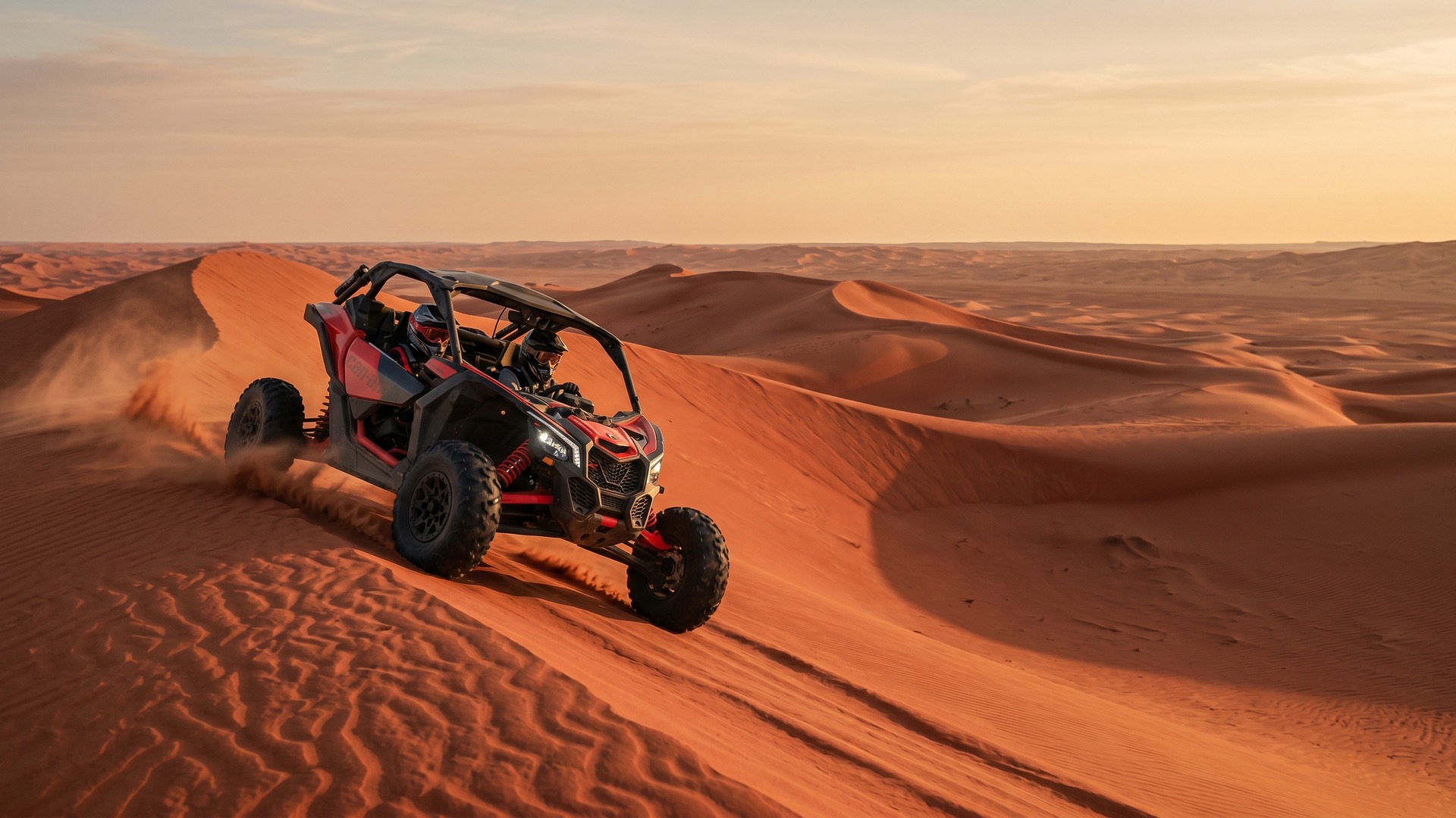 2-seater Can-Am Maverick side view on a desert ridge