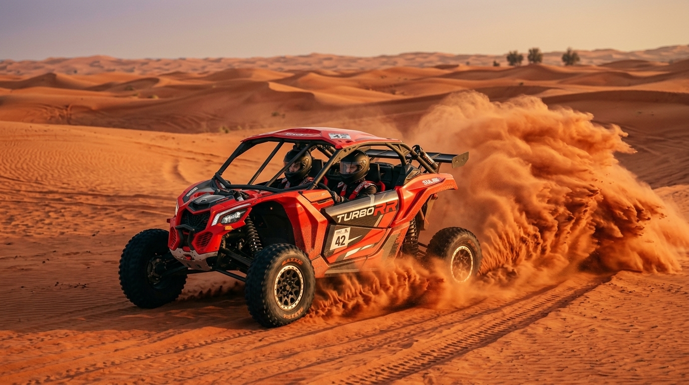 2-seater Can-Am X3 Turbo RR blasting across Liwa dunes