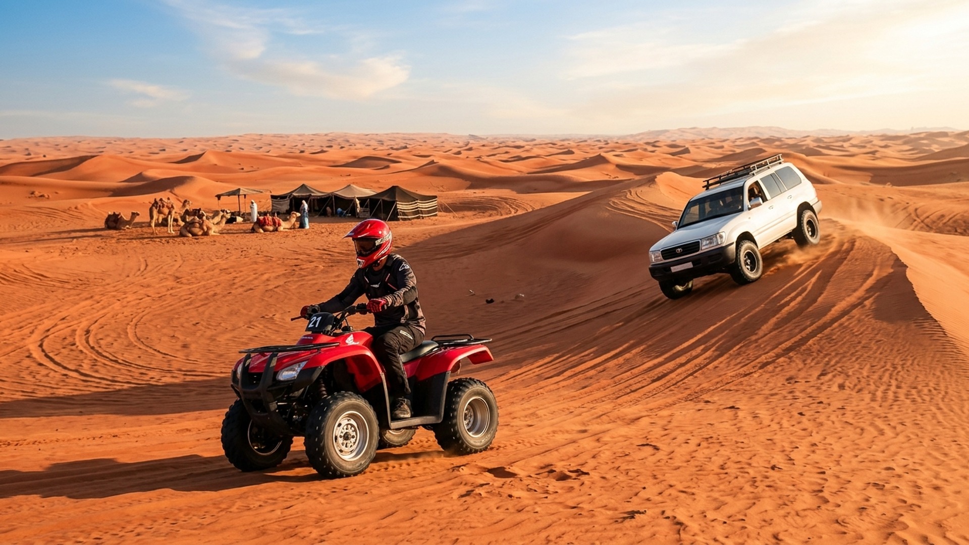 Morning desert safari with 4WD and Yamaha quad combo at Lahbab Red Desert Dubai