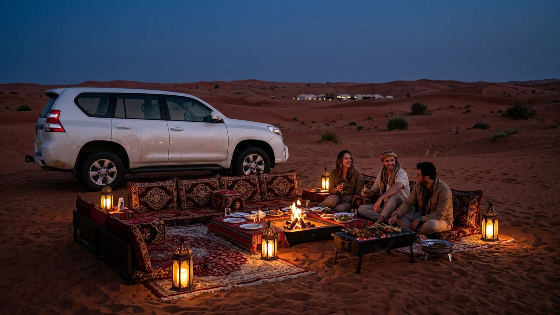 Private Bedouin majlis with premium BBQ table under stars at Lahbab Dubai
