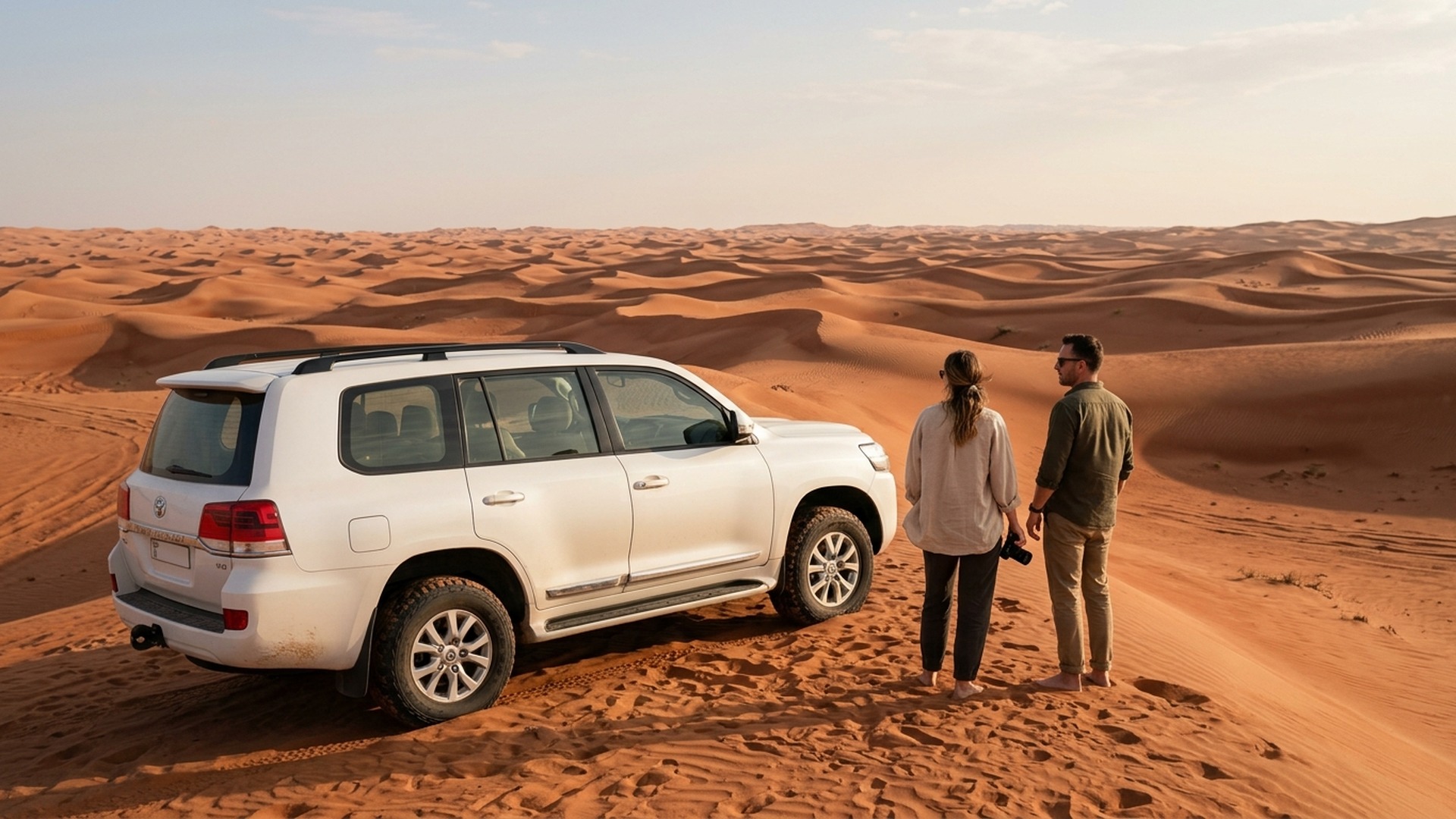 Private 4WD SUV on red sand dune at morning, Lahbab Desert Dubai