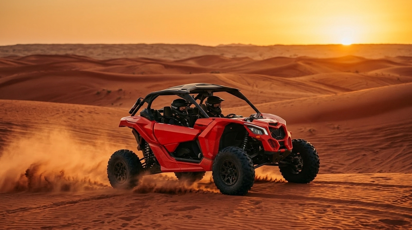 2-seater Can-Am Maverick descending a red dune at golden hour