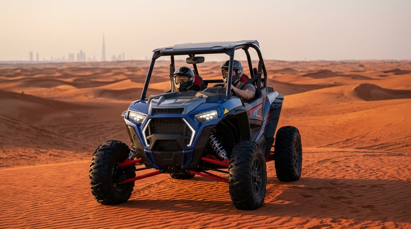 Front view of a 2-seater 1000 CC turbo buggy on Dubai desert sand